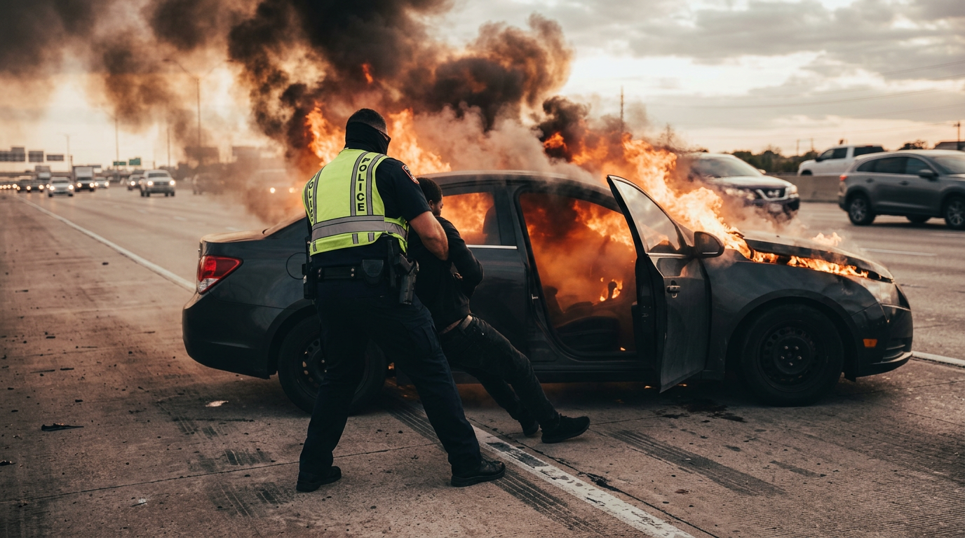 Southlake Police Corporal Rescues Driver from Enveloped Vehicle During Highway 114 Fire